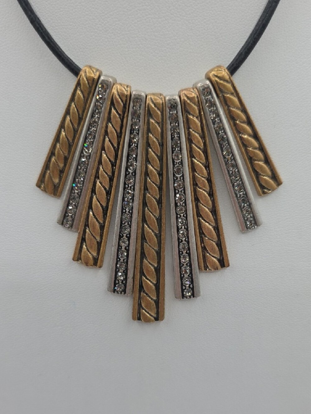 Chico's Mixed Metal Bar Pendant Necklace in Gold and Silver on Black Cord